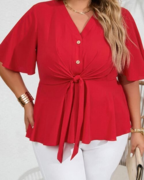 plus tie front half button v neck solid blouse