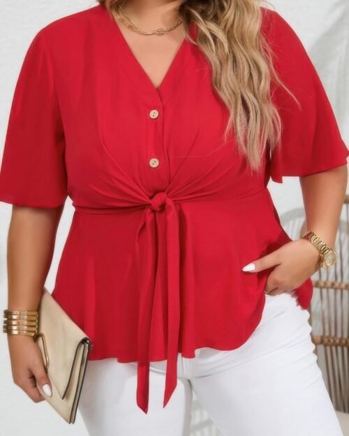 plus tie front half button v neck solid blouse
