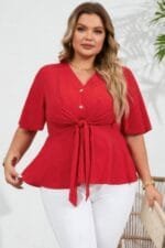 Plus Tie Front Half Button V Neck Solid Blouse