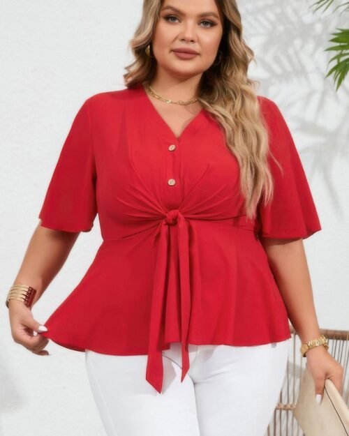 plus tie front half button v neck solid blouse