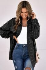 Woman wearing polka dot open front top – long sleeve, lightweight casual blouse with front tie or button design