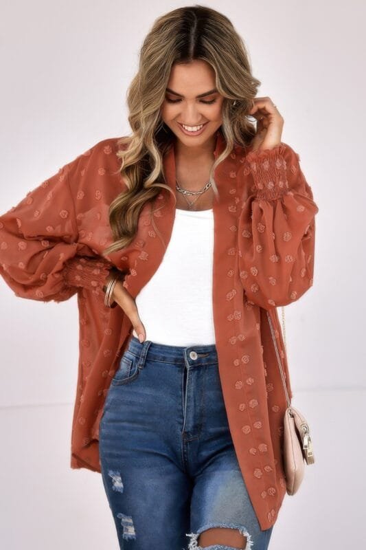 Polka Dot Open Front Top – Lightweight Casual Long Sleeve