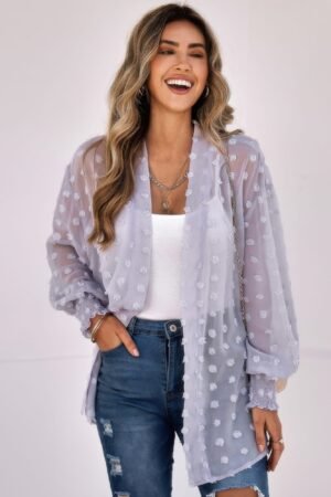 Polka Dot Open Front Top – Lightweight Casual Long Sleeve Polka Dot Open Front Top – Lightweight Casual Long Sleeve