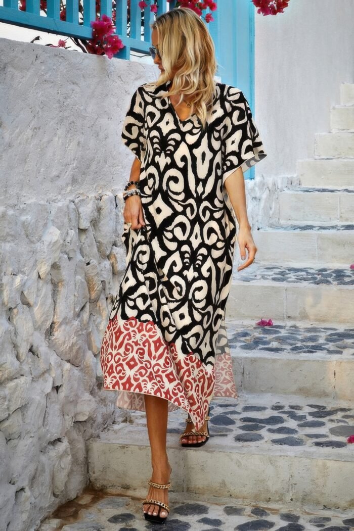 Random printed v neck split loose dress - image 5