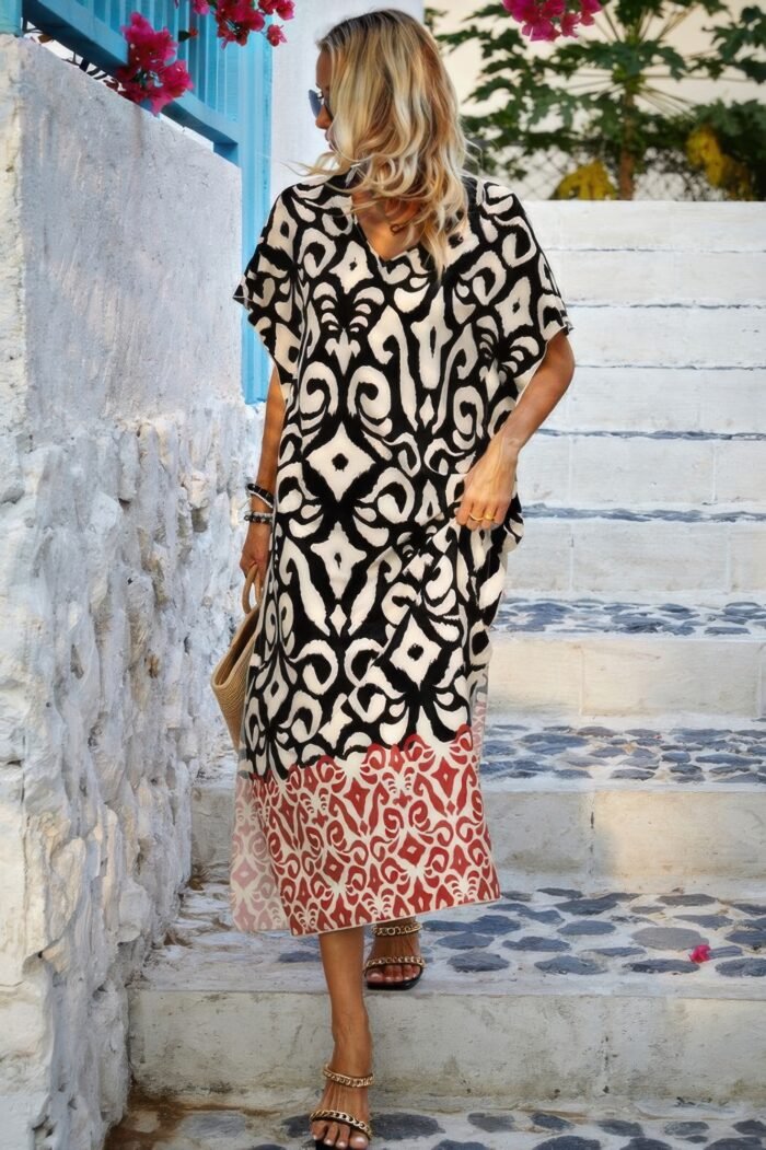 Random printed v neck split loose dress - image 6