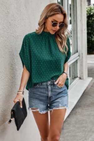 Solid Swiss Dot Mock Neck Drop Shoulder Blouse