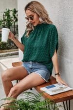 Solid Swiss Dot Mock Neck Drop Shoulder Blouse