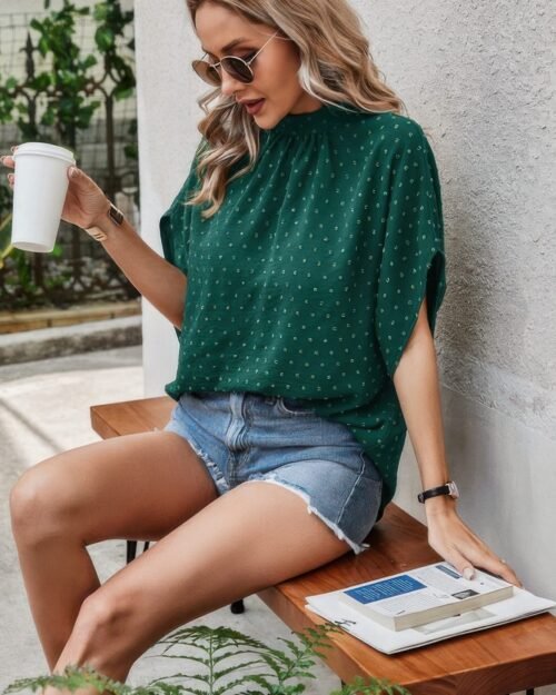 solid swiss dot mock neck drop shoulder blouse