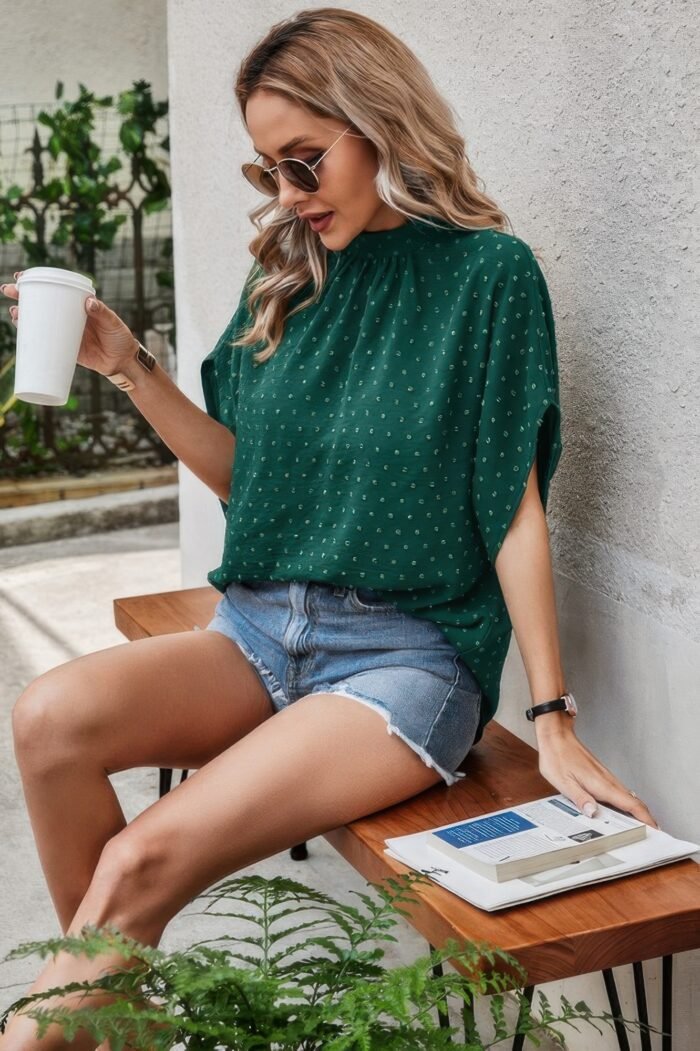 Solid swiss dot mock neck drop shoulder blouse - image 2