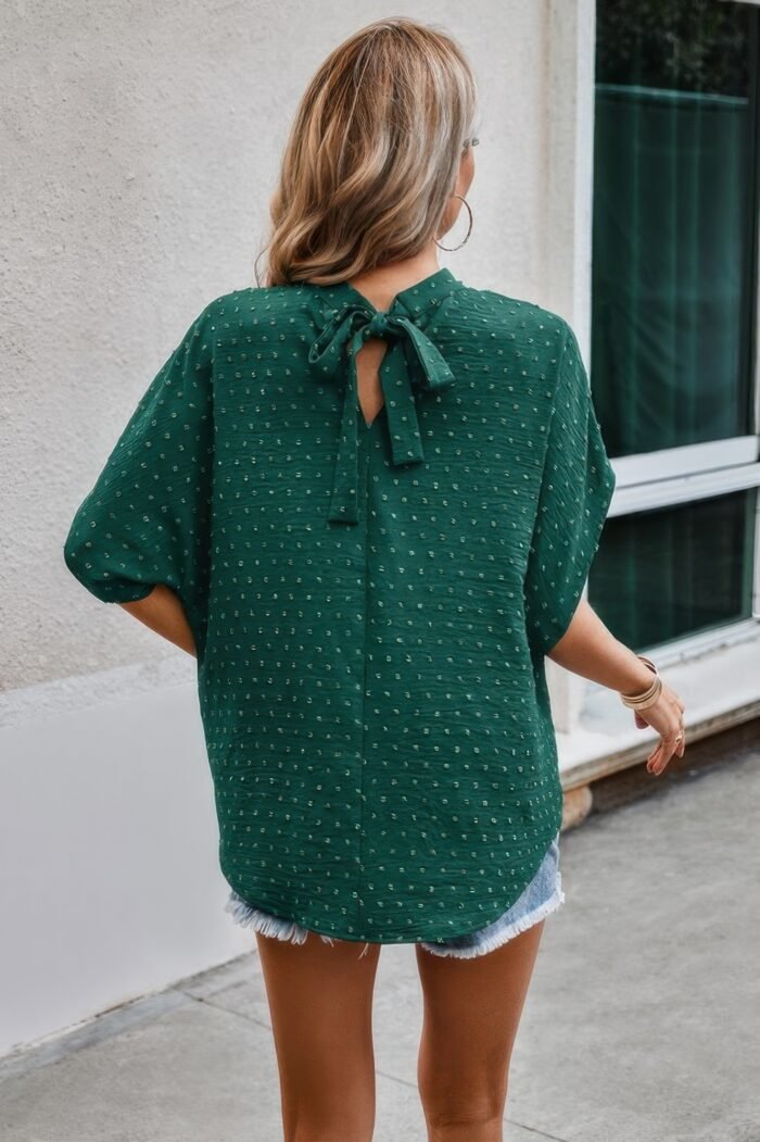 Solid swiss dot mock neck drop shoulder blouse - image 3