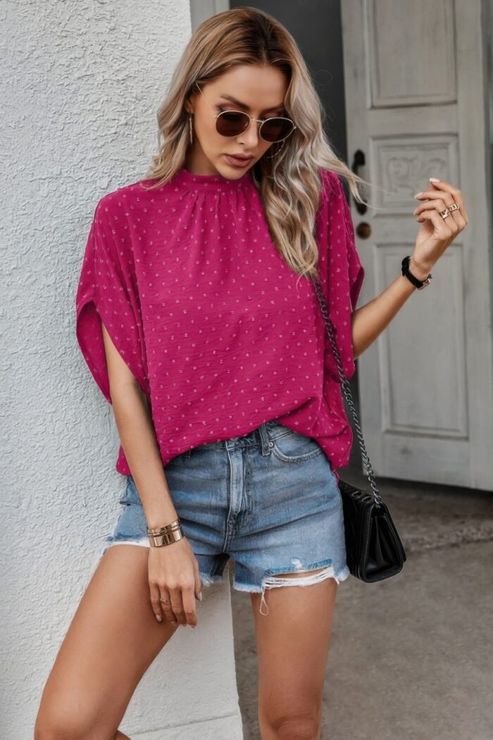 Solid swiss dot mock neck drop shoulder blouse - image 4