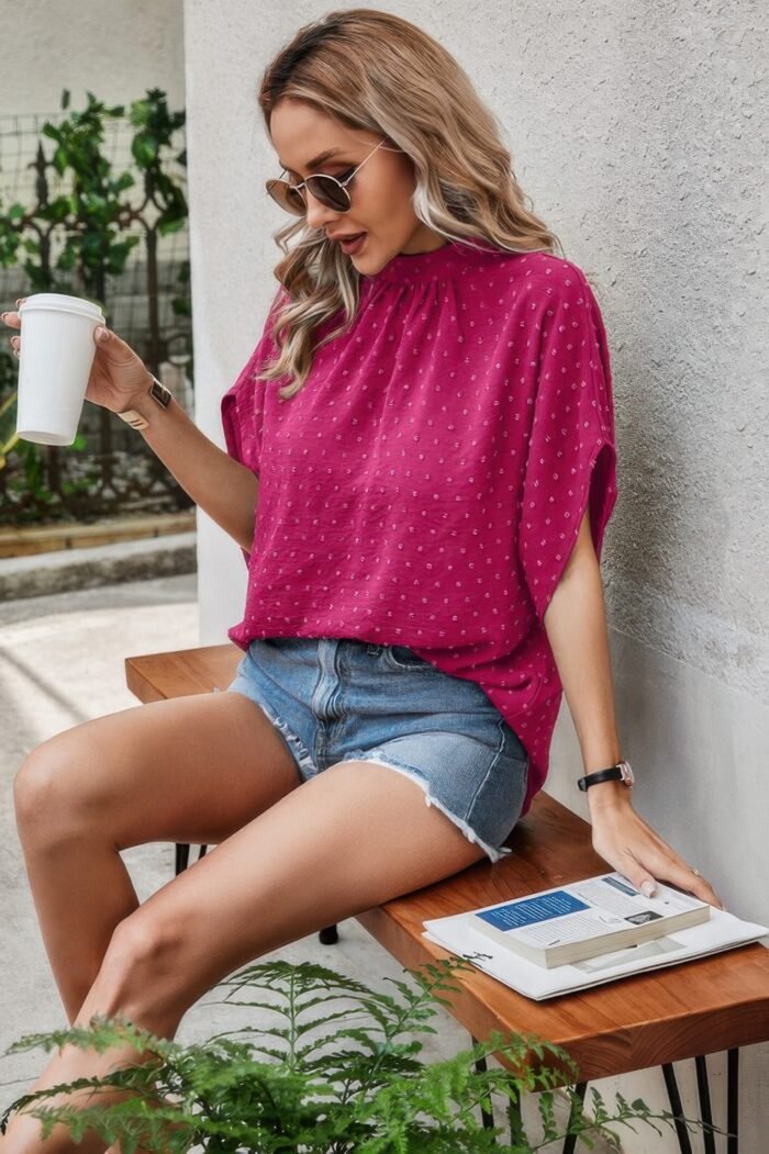 Solid swiss dot mock neck drop shoulder blouse - image 5