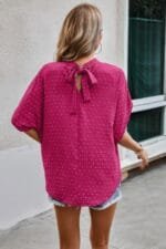 Solid Swiss Dot Mock Neck Drop Shoulder Blouse