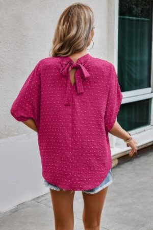 Solid Swiss Dot Mock Neck Drop Shoulder Blouse
