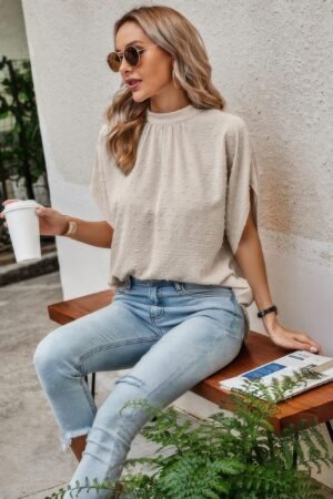 Solid Swiss Dot Mock Neck Drop Shoulder Blouse