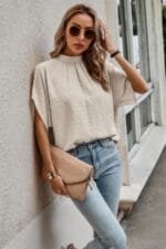 Solid Swiss Dot Mock Neck Drop Shoulder Blouse