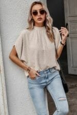 Solid Swiss Dot Mock Neck Drop Shoulder Blouse