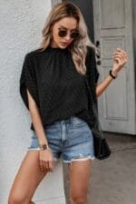 Solid Swiss Dot Mock Neck Drop Shoulder Blouse