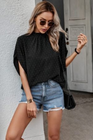 Solid Swiss Dot Mock Neck Drop Shoulder Blouse