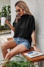 Solid Swiss Dot Mock Neck Drop Shoulder Blouse