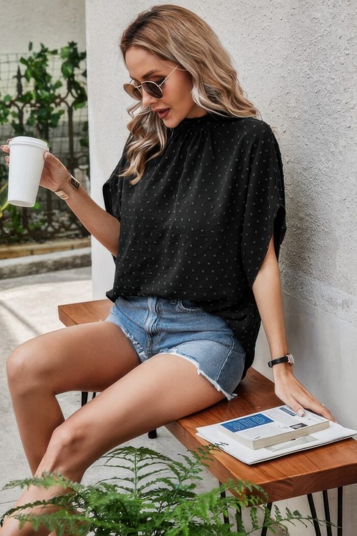 Solid swiss dot mock neck drop shoulder blouse - image 12