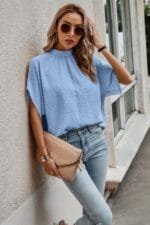 Solid Swiss Dot Mock Neck Drop Shoulder Blouse