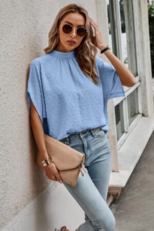 Solid Swiss Dot Mock Neck Drop Shoulder Blouse
