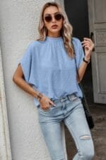 Solid Swiss Dot Mock Neck Drop Shoulder Blouse