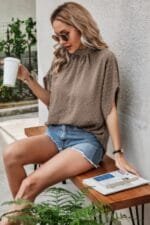 Solid Swiss Dot Mock Neck Drop Shoulder Blouse