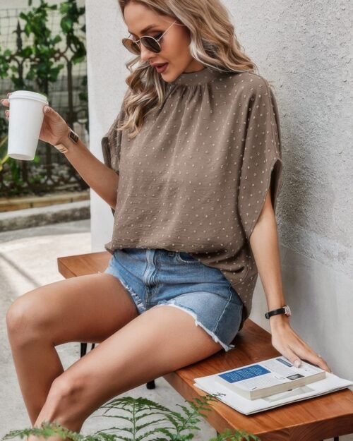 solid swiss dot mock neck drop shoulder blouse