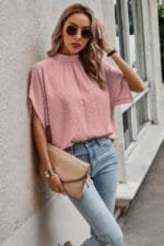 Solid Swiss Dot Mock Neck Drop Shoulder Blouse