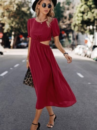 Solid Round Neck Cutout Waist A Line Midi Dress