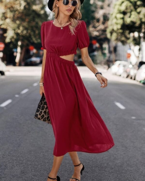 Solid Round Neck Cutout Waist A Line Midi Dress