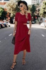 Solid Round Neck Cutout Waist A Line Midi Dress