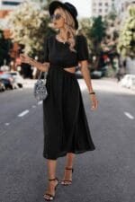 Solid Round Neck Cutout Waist A Line Midi Dress