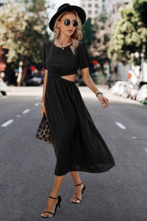 Solid Round Neck Cutout Waist A Line Midi Dress - Image 5