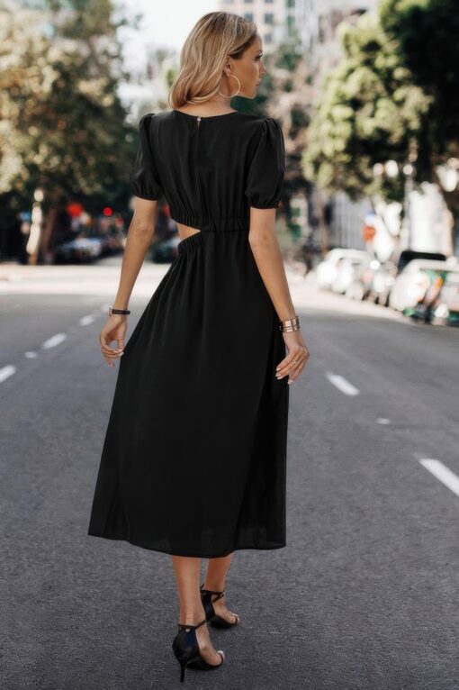 Solid Round Neck Cutout Waist A Line Midi Dress - Image 6