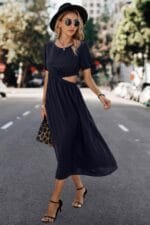 Solid Round Neck Cutout Waist A Line Midi Dress