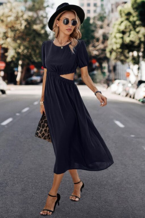 Solid Round Neck Cutout Waist A Line Midi Dress - Image 7