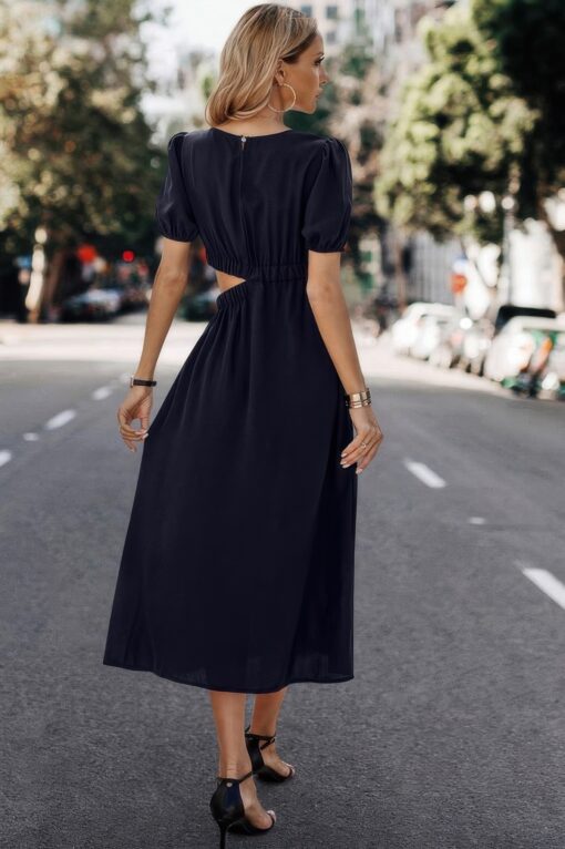 Solid Round Neck Cutout Waist A Line Midi Dress - Image 9