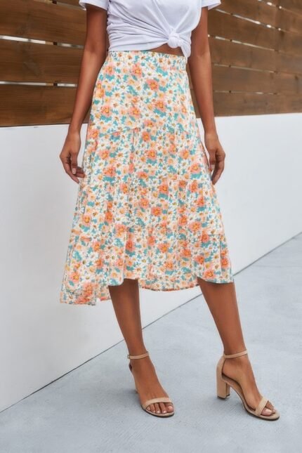Woman wearing floral high waist long skirt – A-line printed maxi skirt for casual and modest wear