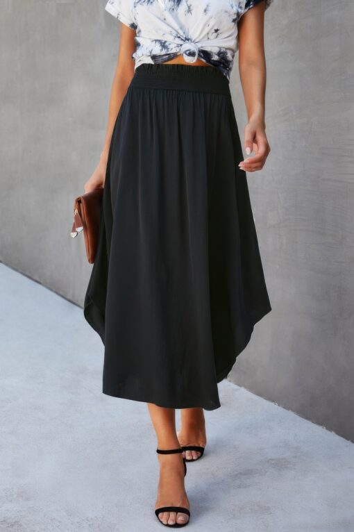 Solid Shirred Waist Asymmetrical Hem Flared Skirt