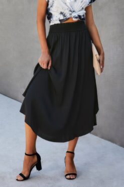 Solid Shirred Waist Asymmetrical Hem Flared Skirt