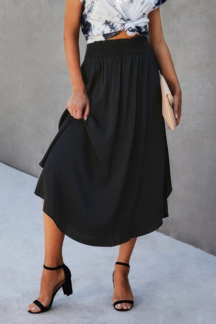 Solid shirred waist asymmetrical hem flared skirt - image 3