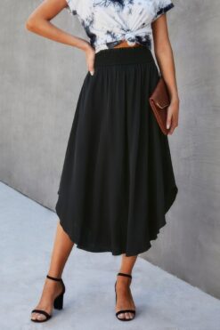 Solid Shirred Waist Asymmetrical Hem Flared Skirt