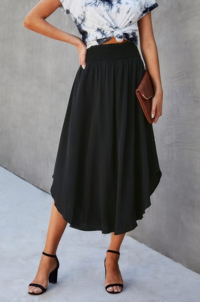 Solid shirred waist asymmetrical hem flared skirt - image 4