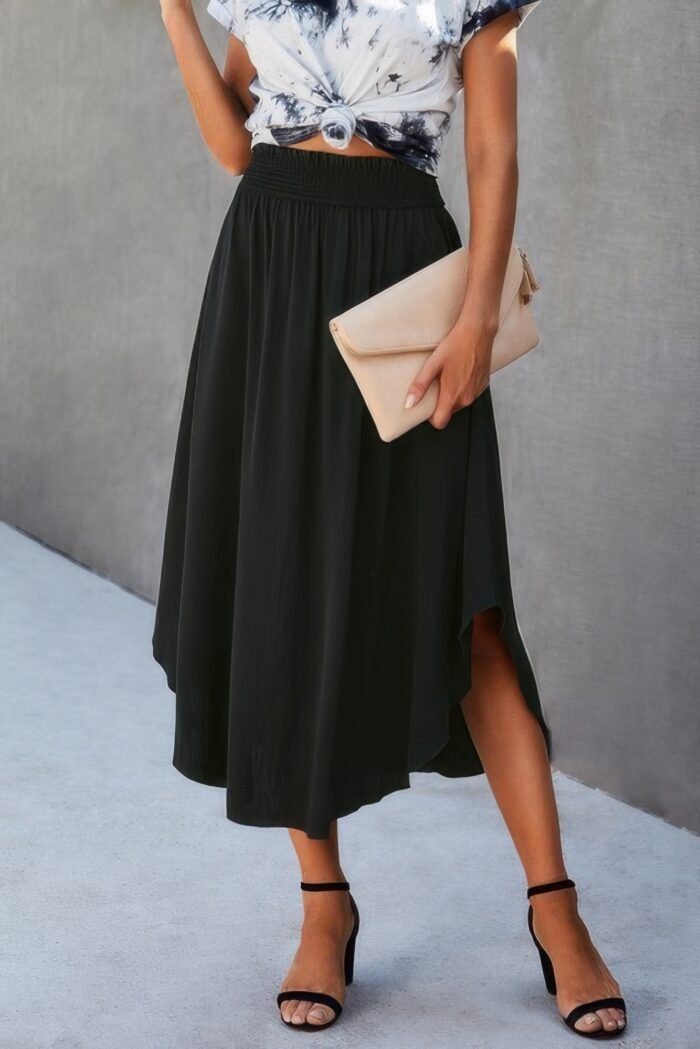 Solid shirred waist asymmetrical hem flared skirt - image 5