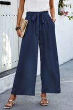 Wide Leg High Waist Tie Pockets Knot Pants
