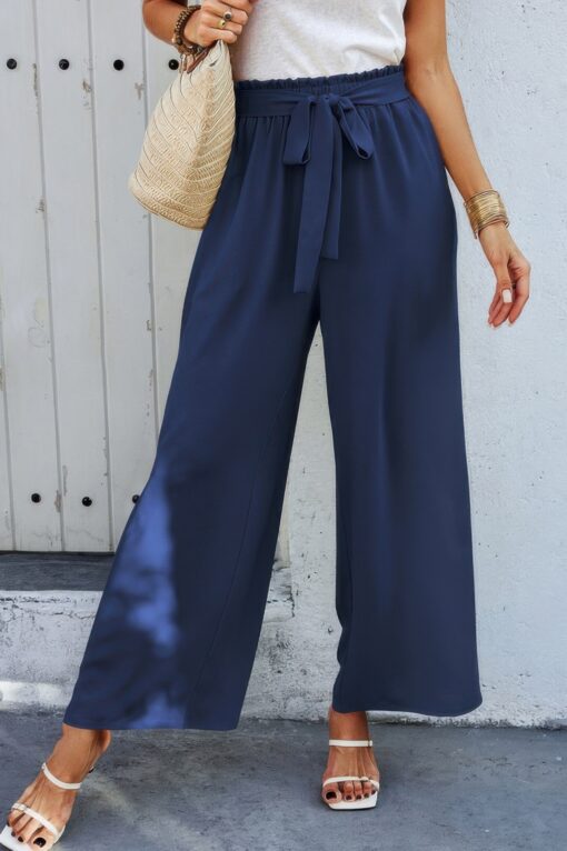 Wide Leg High Waist Tie Pockets Knot Pants - Image 13