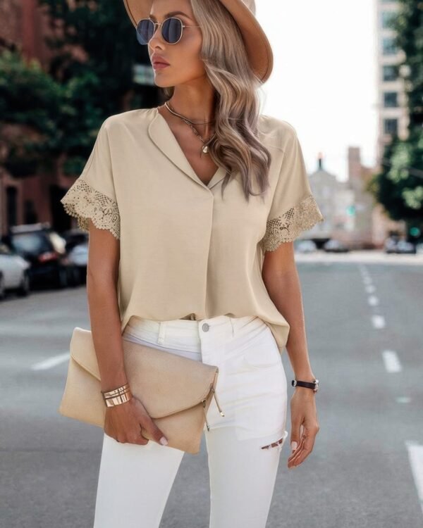 Solid Lace Trim Sleeve V Neck Fit Blouse